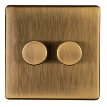 Antique Brass LED/Incandescent Double Dimmer Switch with Matching Knob | 2 Way, 400W | Concealed 3mm range by Eurolite - AB2DLED