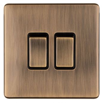 Antique Brass Double Light Switch with Matching Switches, Black Inserts | 2 Way, 10A | Concealed 3mm range by Eurolite - AB2SWB