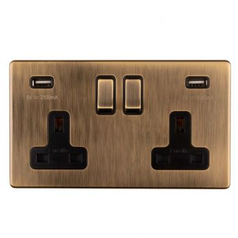 Antique Brass 3.1A USB Double Socket, Black Inserts | 13A | USB-A | Concealed 3mm range by Eurolite - AB2USBB