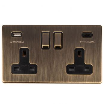 Antique Brass 3.1A USB Double Socket, Black Inserts | 13A | USB-A & USB-C | Concealed 3mm range by Eurolite - AB2USBCB