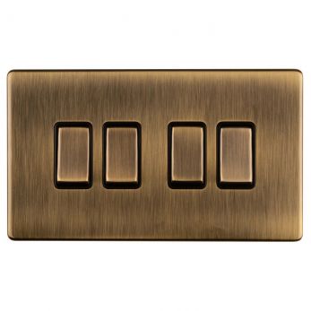 Antique Brass 4 Gang Light Switch with Matching Switches, Black Inserts | 2 Way, 10A | Concealed 3mm range by Eurolite - AB4SWB