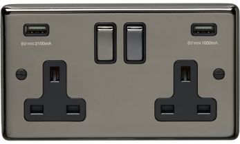 Black Nickel 3.1A USB Double Socket, Black Inserts with Matching Rockers | 13A | USB-A | Stainless Steel range by Eurolite - BN2USBBNB