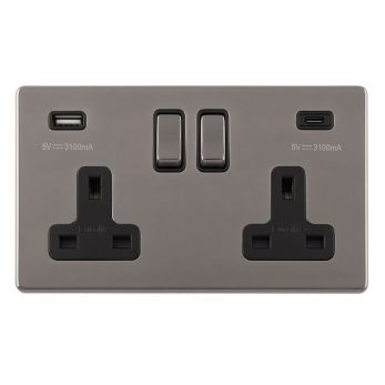 Black Nickel 3.1A USB Double Socket, Black Inserts | 13A | USB-A & USB-C | Concealed 3mm range by Eurolite - ECBN2USBCB