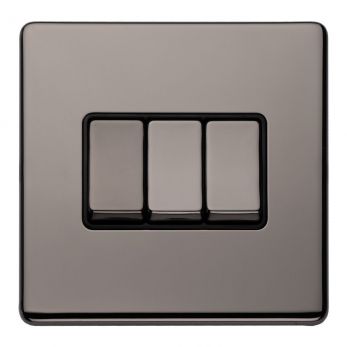 Black Nickel Triple Light Switch with Matching Switches, Black Inserts | 2 Way, 10A | Concealed 3mm range by Eurolite - ECBN3SWB