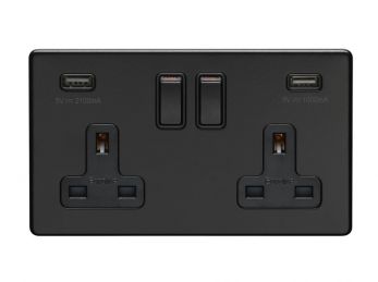 Matt Black 3.1A USB Double Socket, Black Inserts | 13A | USB-A | Concealed 3mm range by Eurolite - ECMB2USBB