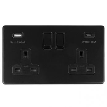 Matt Black 3.1A USB Double Socket, Black Inserts | 13A | USB-A & USB-C | Concealed 3mm range by Eurolite - ECMB2USBCB