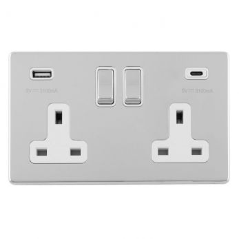 Polished Silver 3.1A USB Double Socket, White Inserts | 13A | USB-A & USB-C | Concealed 3mm range by Eurolite - ECPC2USBCW