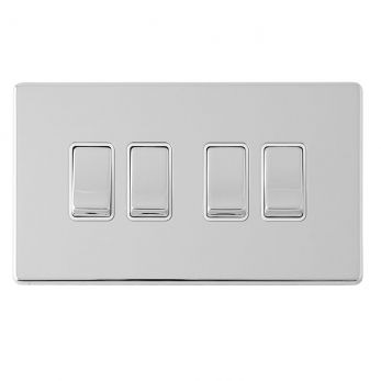 Polished Silver 4 Gang Light Switch with Matching Switches, White Inserts | 2 Way, 10A | Concealed 3mm range by Eurolite - ECPC4SWW