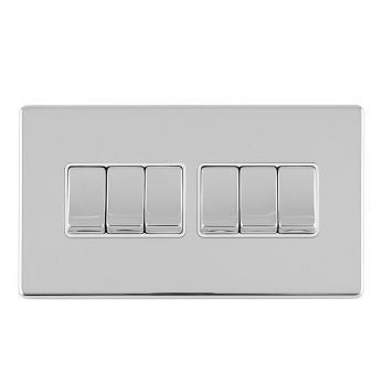 Polished Silver 6 Gang Light Switch with Matching Switches, White Inserts | 2 Way, 10A | Concealed 3mm range by Eurolite - ECPC6SWW