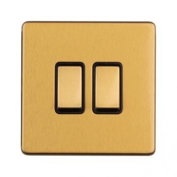 Satin Brass Double Light Switch with Matching Switches, Black Inserts | 2 Way, 10A | Concealed 3mm range by Eurolite - ECSB2SWB