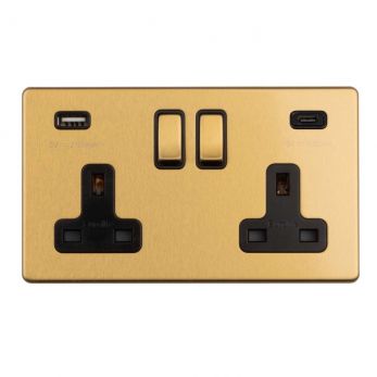 Satin Brass 3.1A USB Double Socket, Black Inserts | 13A | USB-A & USB-C | Concealed 3mm range by Eurolite - ECSB2USBCB