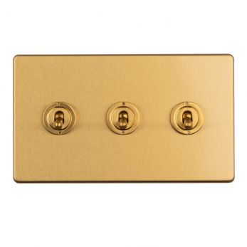 Satin Brass Triple Toggle Switch, Matching Inserts and Switches | 2 Way, 10A | Concealed 3mm range by Eurolite - ECSBT3SW