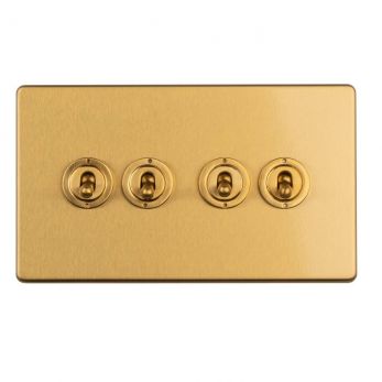 Satin Brass 4 Gang Toggle Switch, Matching Inserts and Switches | 2 Way, 10A | Concealed 3mm range by Eurolite - ECSBT4SW