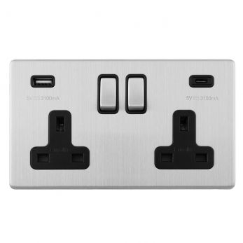 Brushed Steel 3.1A USB Double Socket, Black Inserts | 13A | USB-A & USB-C | Concealed 3mm range by Eurolite - ECSS2USBCB