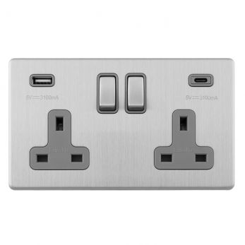 Brushed Steel 3.1A USB Double Socket, Grey Inserts | 13A | USB-A & USB-C | Concealed 3mm range by Eurolite - ECSS2USBCG