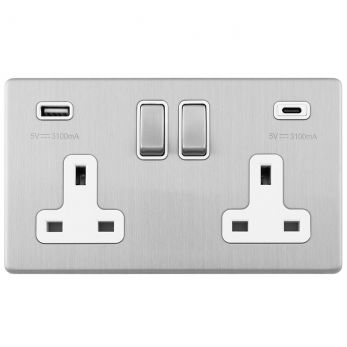 Brushed Steel 3.1A USB Double Socket, White Inserts | 13A | USB-A & USB-C | Concealed 3mm range by Eurolite - ECSS2USBCW