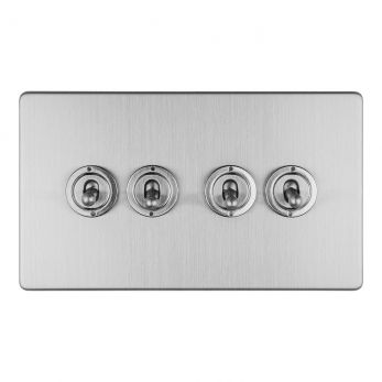Brushed Steel 4 Gang Toggle Switch, Grey Inserts | 2 Way, 10A | Concealed 3mm range by Eurolite - ECSST4SW