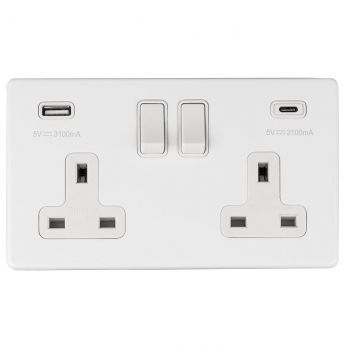 White 3.1A USB Double Socket, Matching Inserts | 13A | USB-A & USB-C | Concealed 3mm range by Eurolite - ECW2USBCW