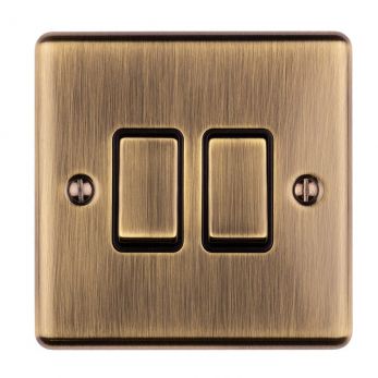 Antique Brass Double Light Switch with Matching Switches, Black Inserts | 2 Way, 10A | Enhance Decorative range by Eurolite - EN2SWABB
