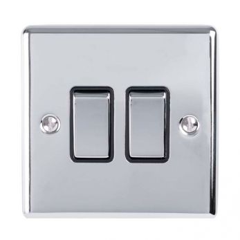 Polished Silver Double Light Switch with Matching Switches, Black Inserts | 2 Way, 10A | Enhance Decorative range by Eurolite - EN2SWPCB