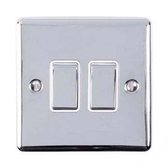 Polished Silver Double Light Switch with Matching Switches, White Inserts | 2 Way, 10A | Enhance Decorative range by Eurolite - EN2SWPCW