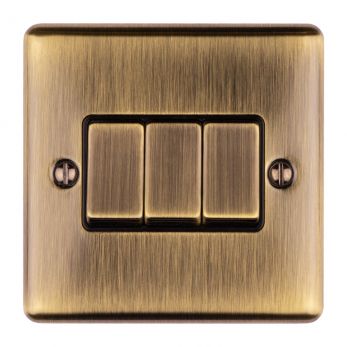 Antique Brass Triple Light Switch with Matching Switches, Black Inserts | 2 Way, 10A | Enhance Decorative range by Eurolite - EN3SWABB