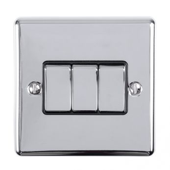 Polished Silver Triple Light Switch with Matching Switches, Black Inserts | 2 Way, 10A | Enhance Decorative range by Eurolite - EN3SWPCB