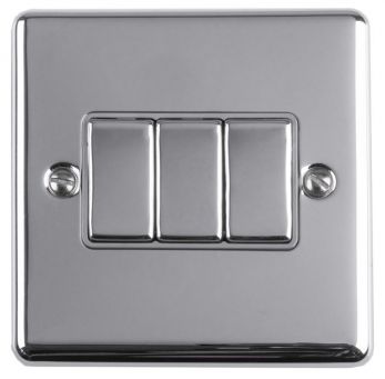 Polished Silver Triple Light Switch with Matching Switches, Grey Inserts | 2 Way, 10A | Enhance Decorative range by Eurolite - EN3SWPCG