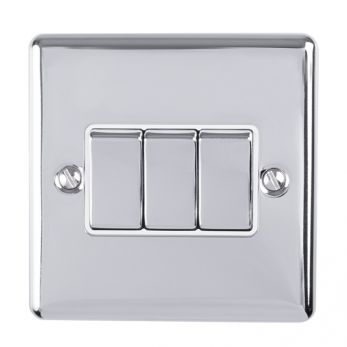 Polished Silver Triple Light Switch with Matching Switches, White Inserts | 2 Way, 10A | Enhance Decorative range by Eurolite - EN3SWPCW