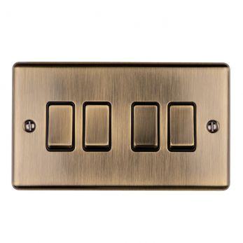 Antique Brass 4 Gang Light Switch with Matching Switches, Black Inserts | 2 Way, 10A | Enhance Decorative range by Eurolite - EN4SWABB