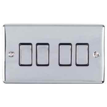 Polished Silver 4 Gang Light Switch with Matching Switches, Black Inserts | 2 Way, 10A | Enhance Decorative range by Eurolite - EN4SWPCB