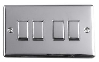 Polished Silver 4 Gang Light Switch with Matching Switches, Grey Inserts | 2 Way, 10A | Enhance Decorative range by Eurolite - EN4SWPCG