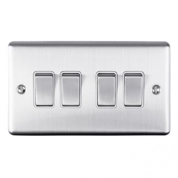 Brushed Steel 4 Gang Light Switch, White Inserts | 2 Way, 10A | Enhance Decorative range by Eurolite - EN4SWSSW