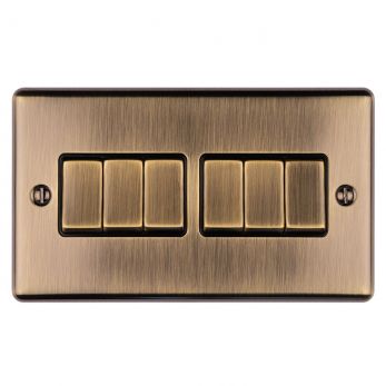 Antique Brass 6 Gang Light Switch with Matching Switches, Black Inserts | 2 Way, 10A | Enhance Decorative range by Eurolite - EN6SWABB