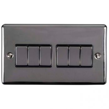 Black Nickel 6 Gang Light Switch with Matching Switches, Black Inserts | 2 Way, 10A | Enhance Decorative range by Eurolite - EN6SWBNB