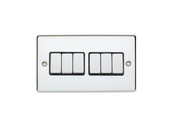 Polished Silver 6 Gang Light Switch with Matching Switches, Black Inserts | 2 Way, 10A | Enhance Decorative range by Eurolite - EN6SWPCB