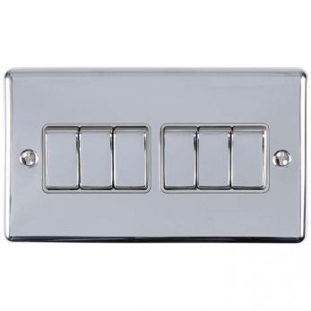 Polished Silver 6 Gang Light Switch with Matching Switches, Grey Inserts | 2 Way, 10A | Enhance Decorative range by Eurolite - EN6SWPCG