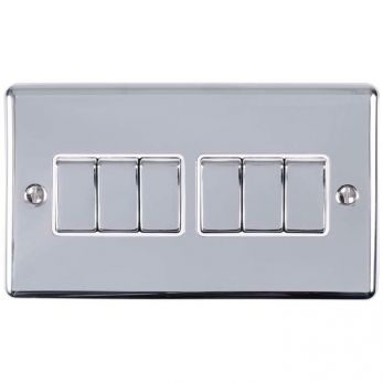 Polished Silver 6 Gang Light Switch with Matching Switches, White Inserts | 2 Way, 10A | Enhance Decorative range by Eurolite - EN6SWPCW