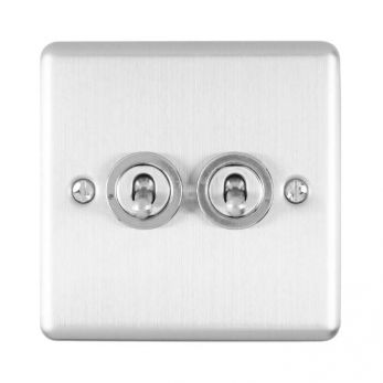 Brushed Steel Double Toggle Switch, Grey Inserts | 2 Way, 10A | Enhance Decorative range by Eurolite - ENT2SWSS