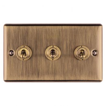 Antique Brass Triple Toggle Switch, Matching Inserts and Switches | 2 Way, 10A | Enhance Decorative range by Eurolite - ENT3SWABB