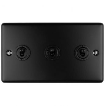 Matt Black Triple Toggle Switch, Black Inserts | 2 Way, 10A | Enhance Decorative range by Eurolite - ENT3SWMBB