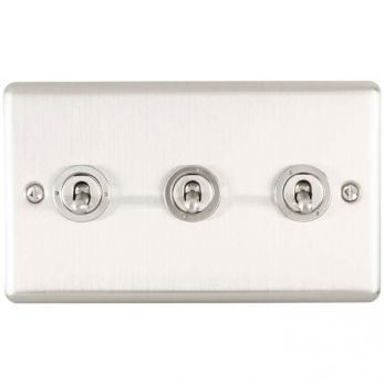 Brushed Steel Triple Toggle Switch, Grey Inserts | 2 Way, 10A | Enhance Decorative range by Eurolite - ENT3SWSS