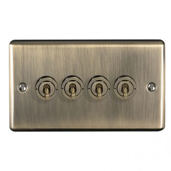 Antique Brass 4 Gang Toggle Switch, Matching Inserts and Switches | 2 Way, 10A | Enhance Decorative range by Eurolite - ENT4SWABB