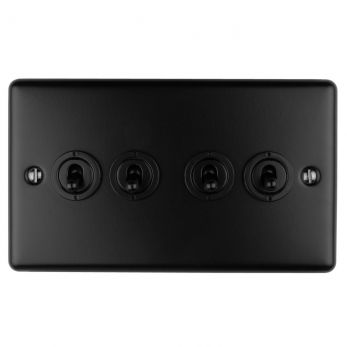 Matt Black 4 Gang Toggle Switch, Black Inserts | 2 Way, 10A | Enhance Decorative range by Eurolite - ENT4SWMBB