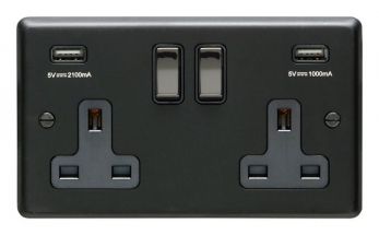 Matt Black 3.1A USB Double Socket, Black Inserts | 13A | USB-A | Stainless Steel range by Eurolite - MB2USBBNB