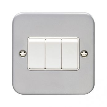 Metal Clad Triple Light Switch, White Inserts | 1 Way, 10A | Utility range by Eurolite - MC3SWW