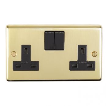 Polished Brass Double Socket, Black Inserts | 13A | Stainless Steel range by Eurolite - PB2SOB