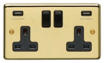 Polished Brass 3.1A USB Double Socket, Black Inserts | 13A | USB-A | Stainless Steel range by Eurolite - PB2USBB