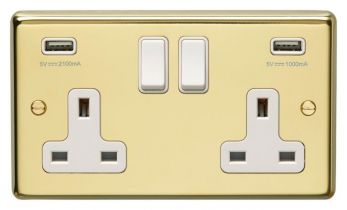 Polished Brass 3.1A USB Double Socket, Black Inserts | 13A | USB-A | Stainless Steel range by Eurolite - PB2USBW