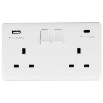 White 3.1A USB Double Socket | 13A | USB-A & USB-C | Enhance White Plastic range by Eurolite - PL4620C